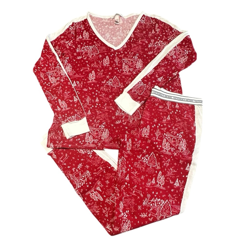 Victoria's Secret Women's Pajamas Medium‎ Red Cream Winter Scene Print Holiday